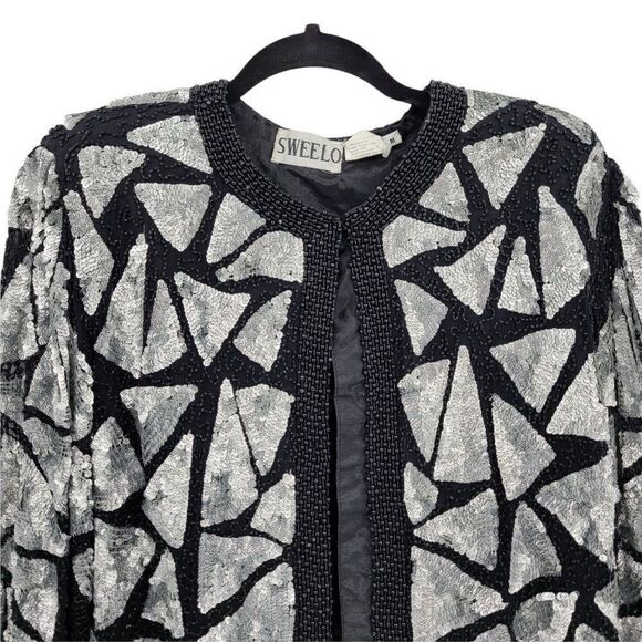 Vtg 80's Sweelo Silk Geometric Black Silver Metallic Sequin Beaded Blazer Sz M - Picture 8 of 12